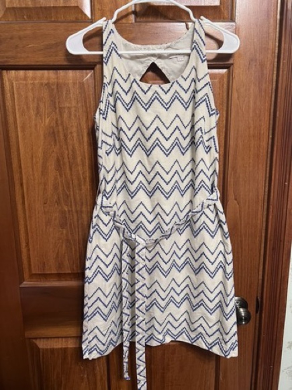 LOFT Cream and Navy Chevron Sleeveless Belted Dress